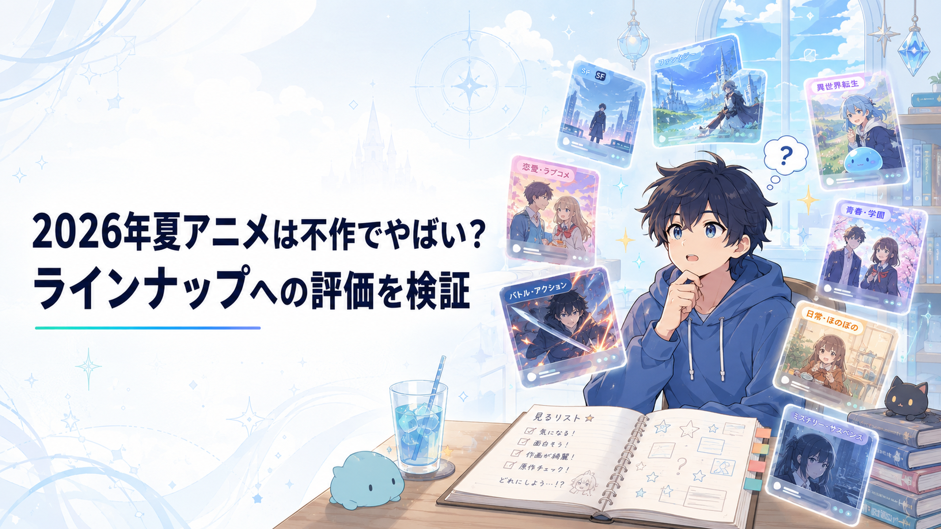 大量の2026年夏アニメ作品を前に視聴候補を選ぶアニメファン