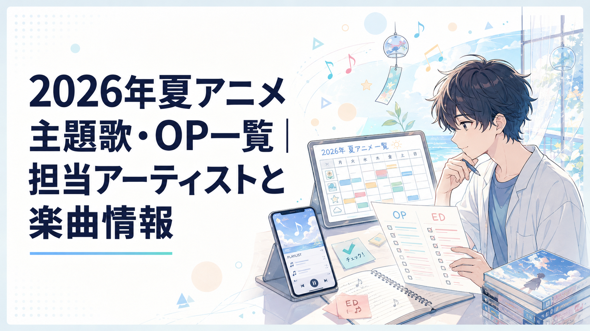 夏アニメの番組表と音楽プレイヤーを見比べながらOPとEDを整理するアニメファン