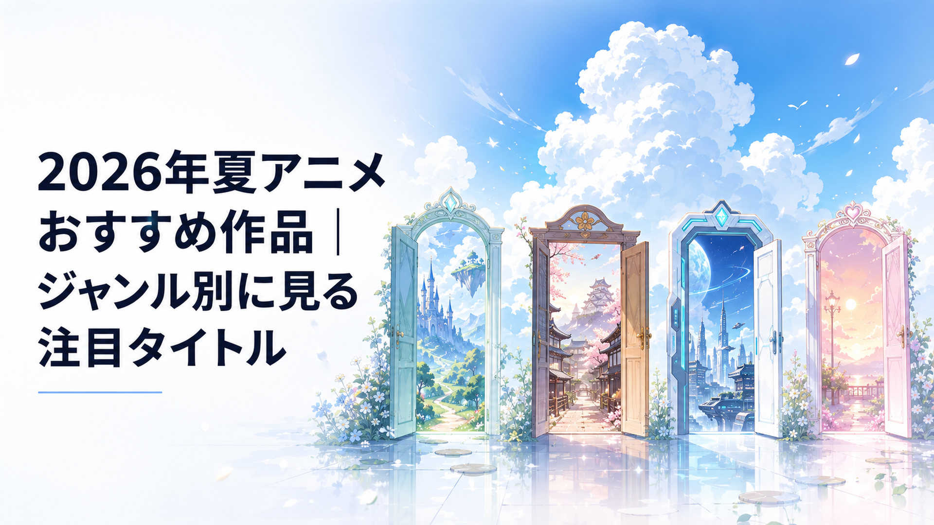 青空と入道雲の下に異世界や歴史やSFや恋愛作品の扉が並ぶ2026年夏アニメの世界