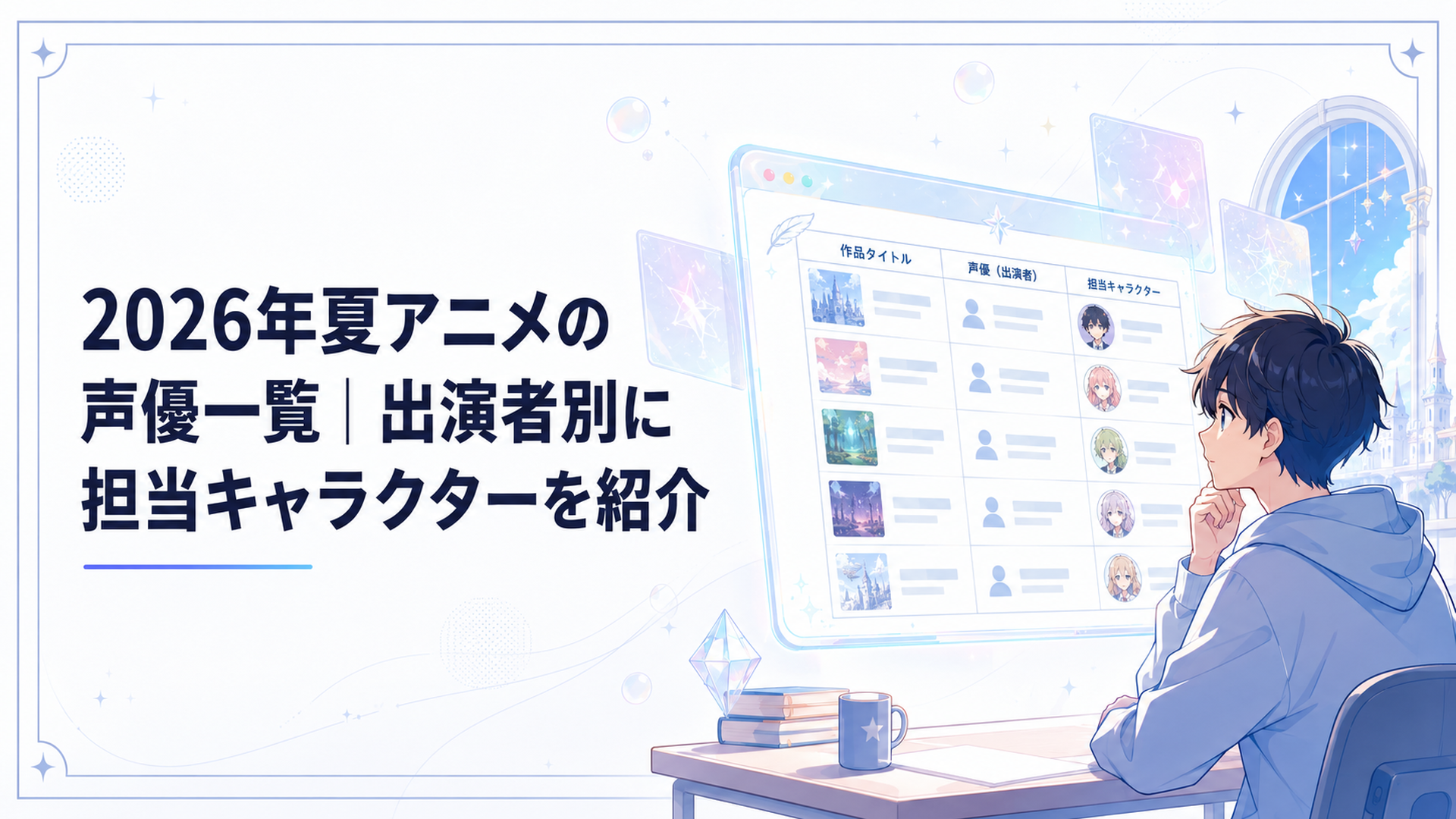 2026年夏アニメの作品名と声優と担当キャラクターが並ぶ番組表を確認するアニメファン