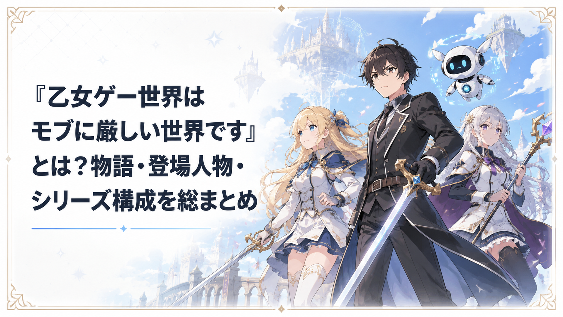 乙女ゲーム世界の空を背景にリオンとオリヴィアとアンジェリカとルクシオンが戦いへ向かう場面