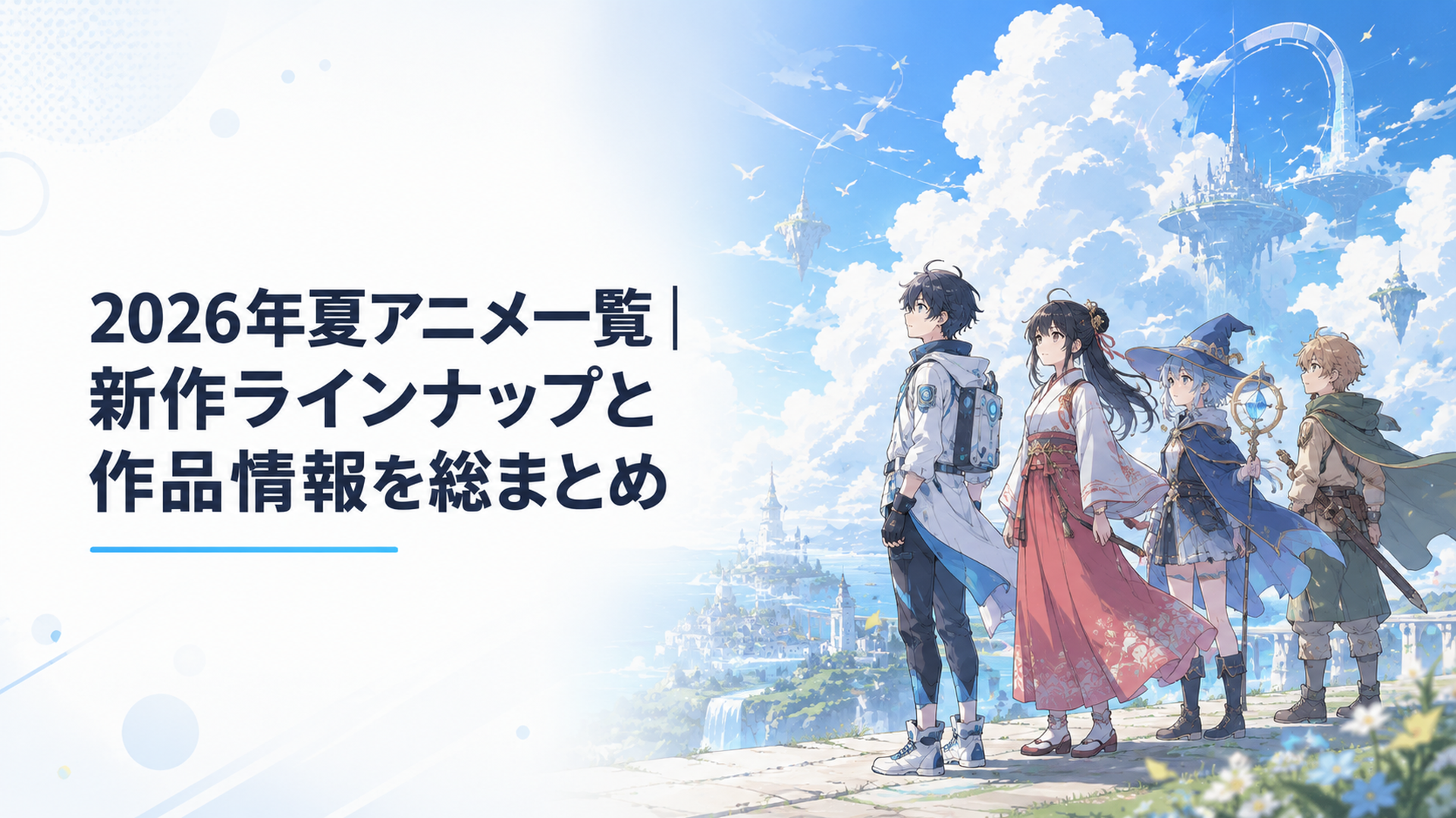 青空と入道雲の下でSFや歴史やファンタジーの登場人物たちが新しい物語へ踏み出す夏アニメのイメージ