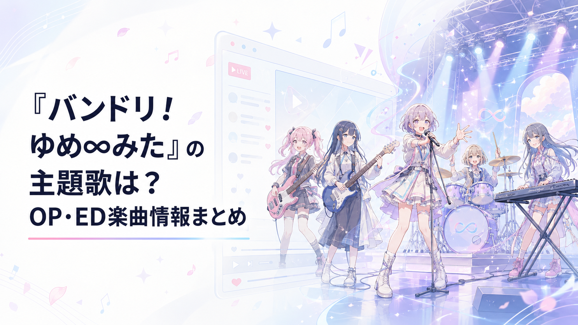 配信画面とライブステージの間で二つの主題歌を演奏する夢限大みゅーたいぷの5人