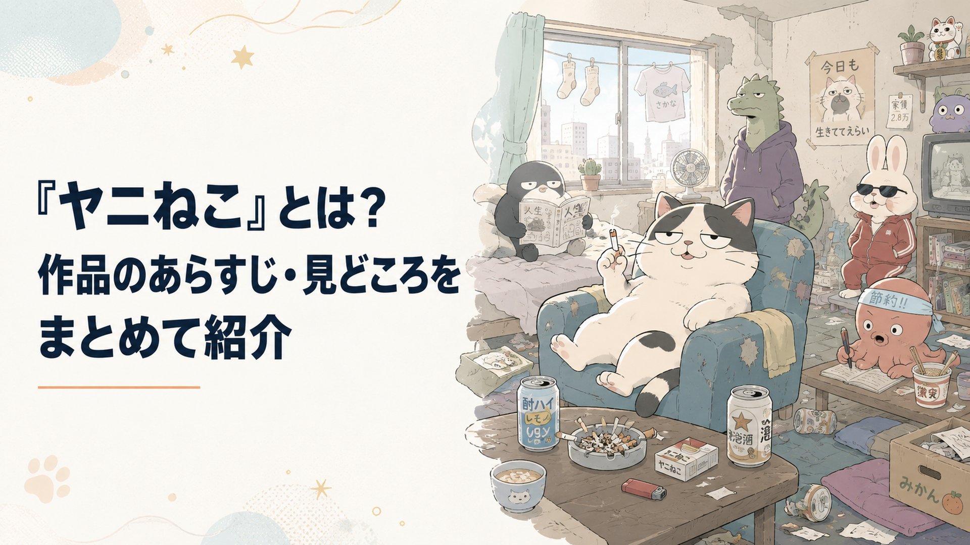 散らかった安アパートの一室で煙草を片手にだらけるヤニねこと個性的な住人たち