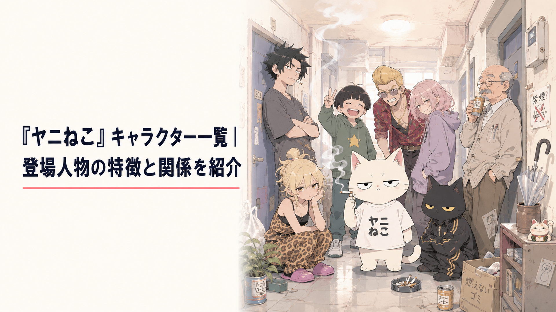 散らかった安アパートの廊下にヤニねこや主要キャラクター8人が集まる場面