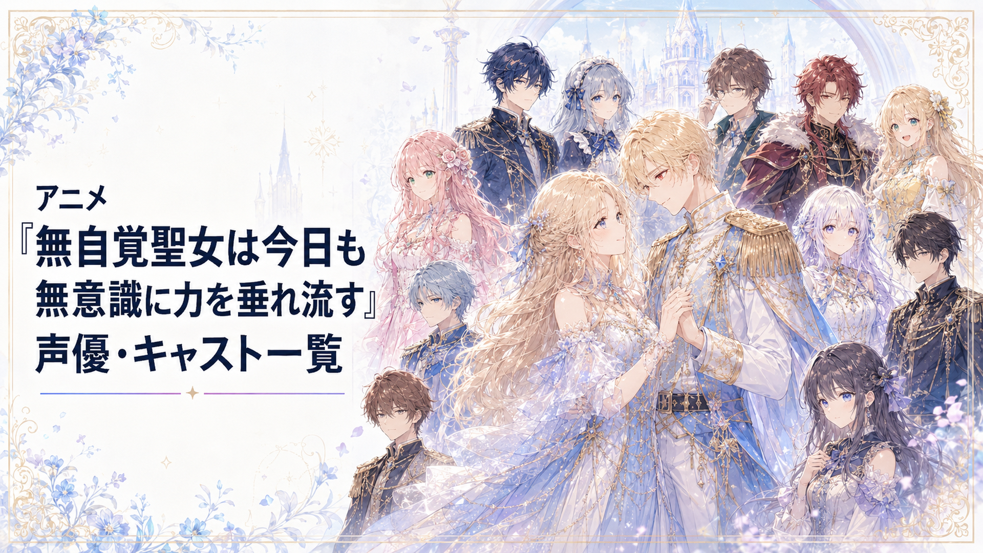 カロリーナとエドワードを中心にアニメ無自覚聖女の主要キャラクター12人が並ぶキャスト集合ビジュアル