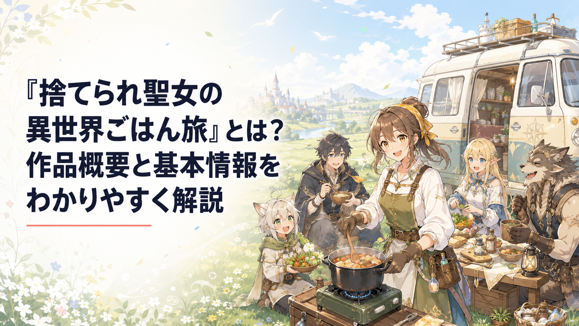 異世界の草原に停めたキャンピングカーの前で料理を作るリンと暴食の卓の仲間たち