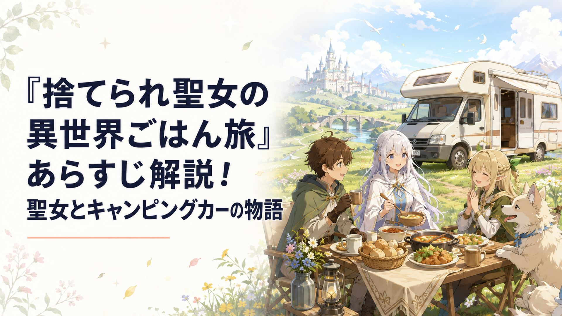 異世界の草原を走るキャンピングカーと食卓を囲むリンたち