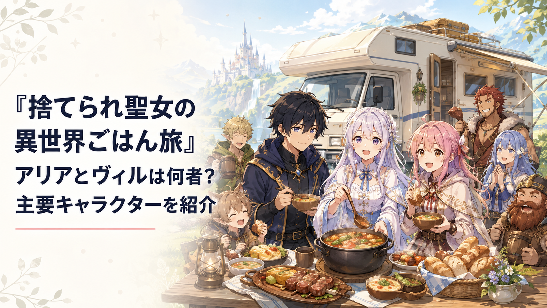 キャンピングカーの前でリンとヴィルとアリアを中心に暴食の卓の仲間たちが料理を囲む場面