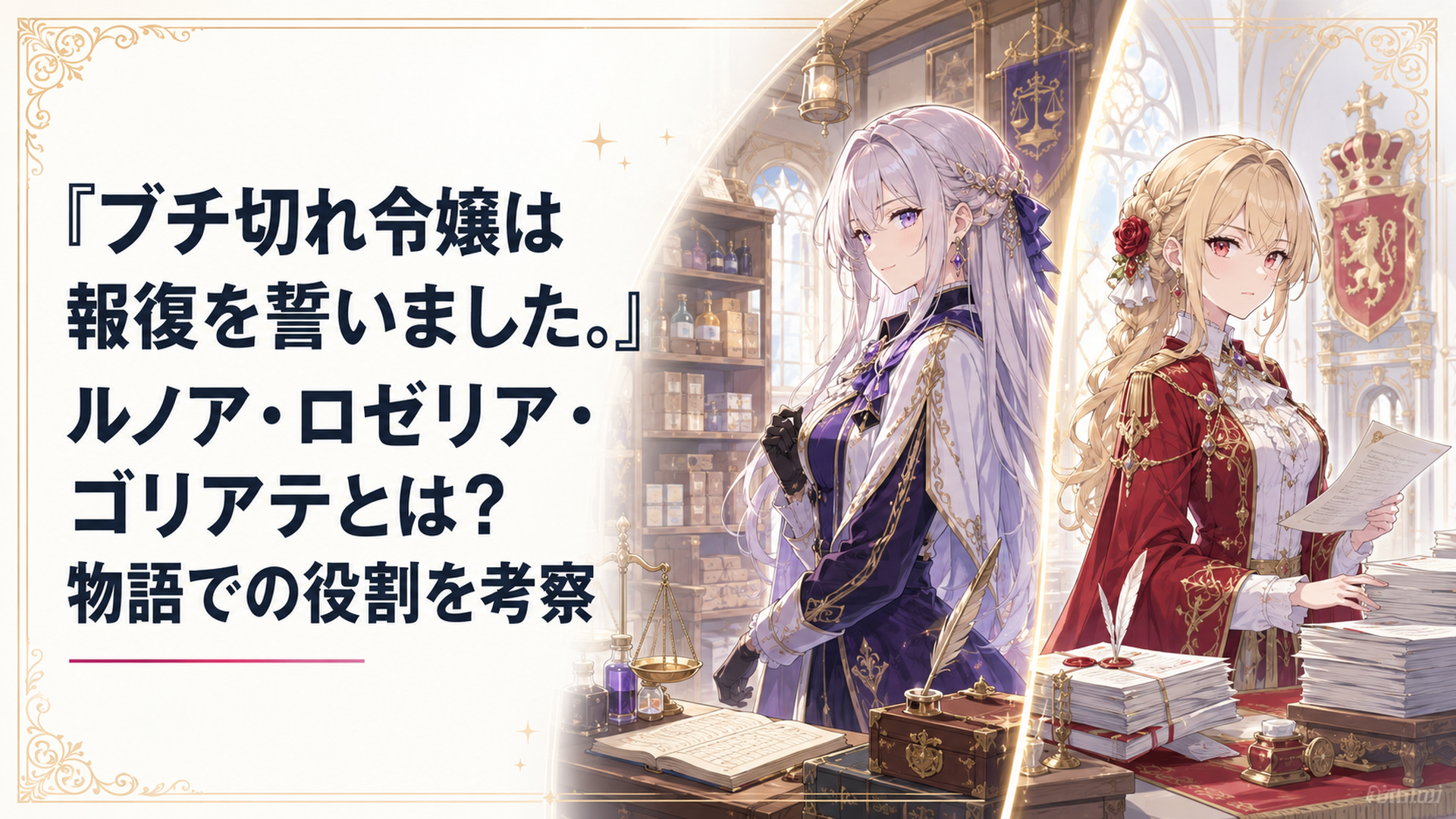 トレートル商会に立つルノアと書類が積まれた王宮に立つロゼリアを対照的に描いた場面