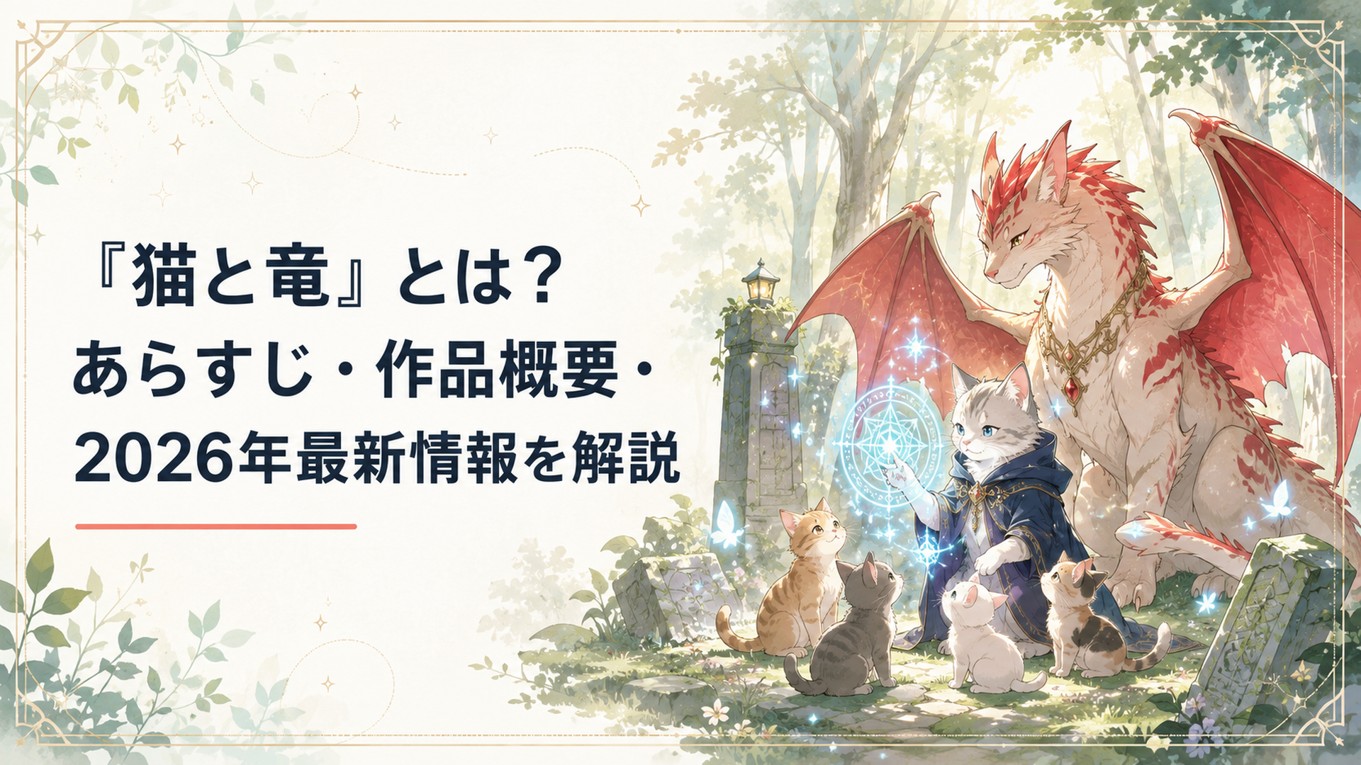 深い森で赤い羽を持つ猫竜が魔法を使う猫と子猫たちを見守る幻想的な風景