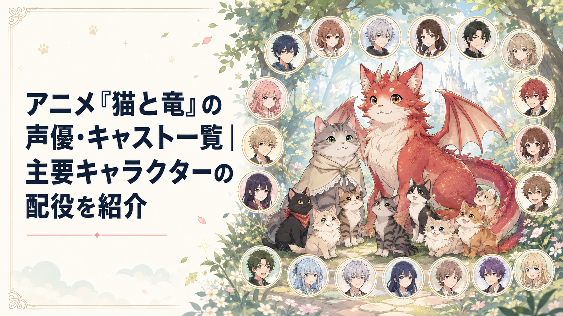 赤い羽を持つ猫竜とママにゃんや森の猫たちを18人の声優キャストと紹介する場面