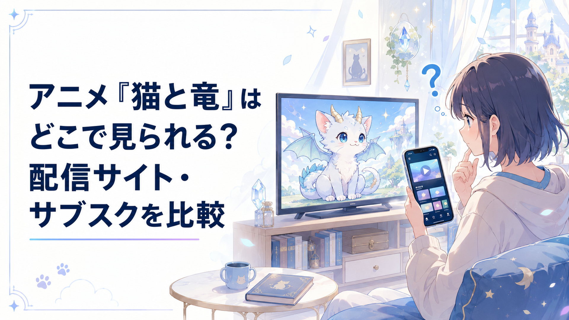 テレビに映る猫竜とスマートフォンの配信画面を見比べながら視聴方法を確認する人