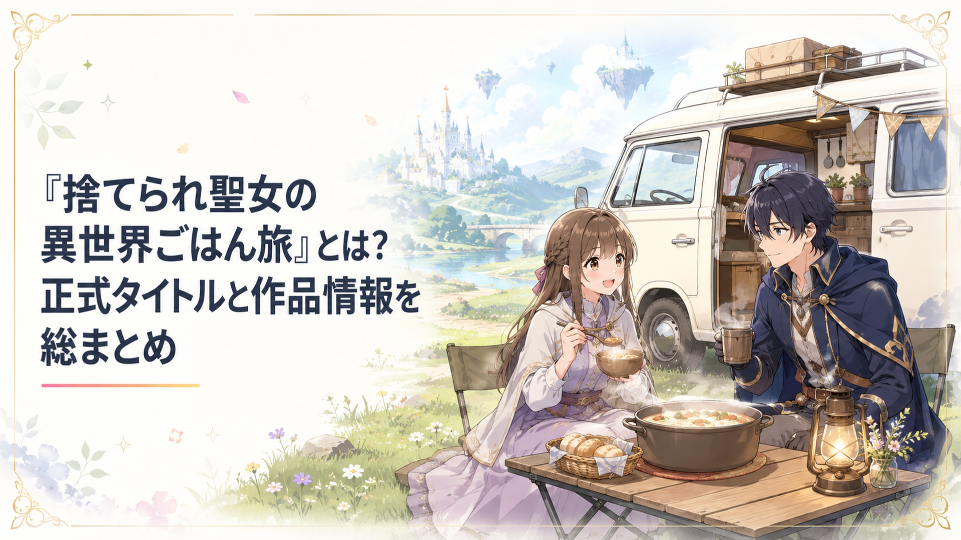 異世界の草原に停めたキャンピングカーの前でリンとヴィルが温かい料理を囲む場面