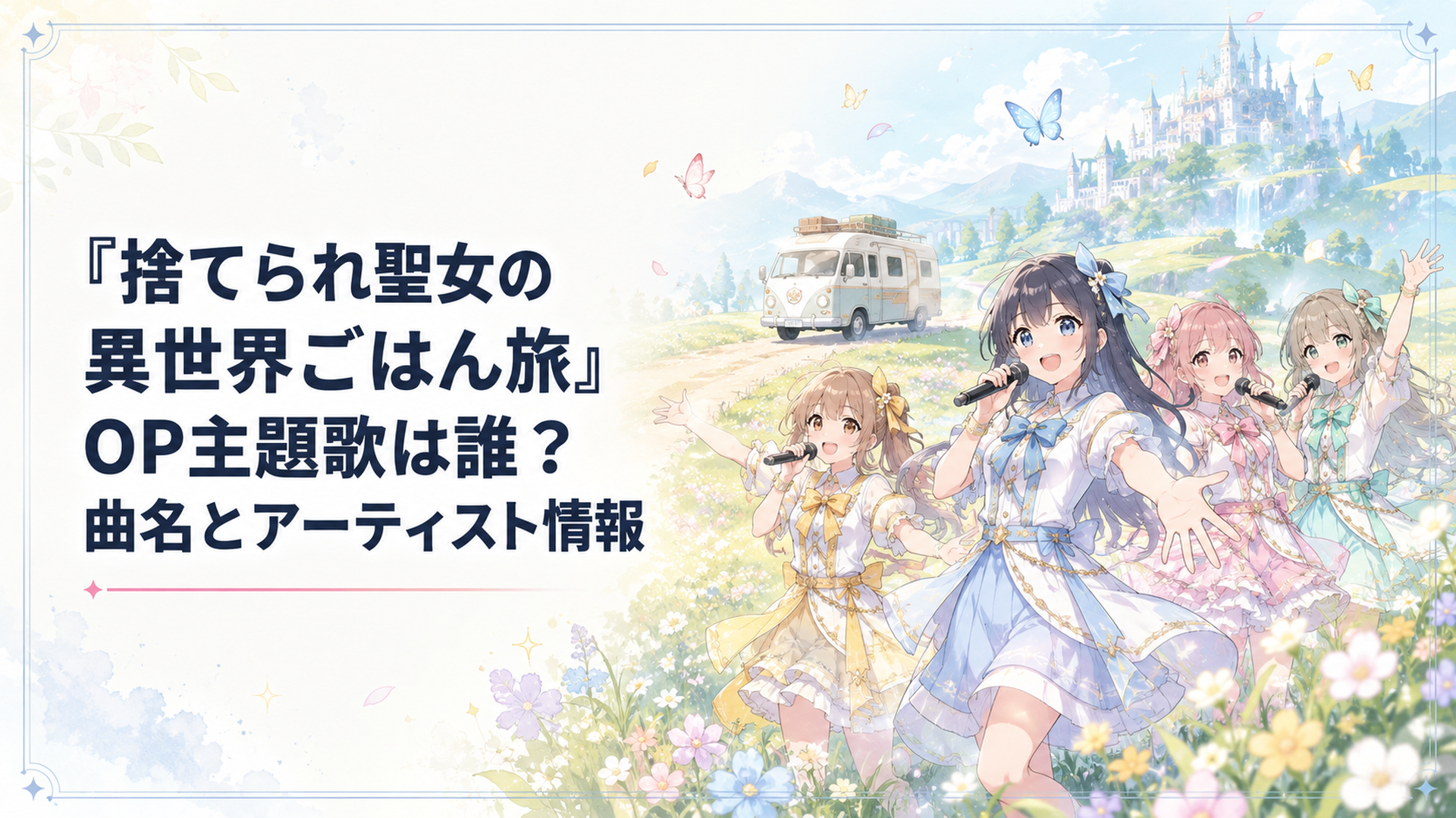 異世界の草原を走るキャンピングカーと羽ばたく蝶を背景に歌うINUWASIを描いた爽やかな場面