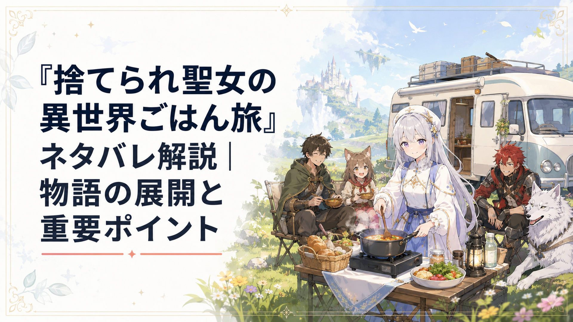 異世界の草原に停めたキャンピングカーの前で料理を作るリンと暴食の卓の仲間たち