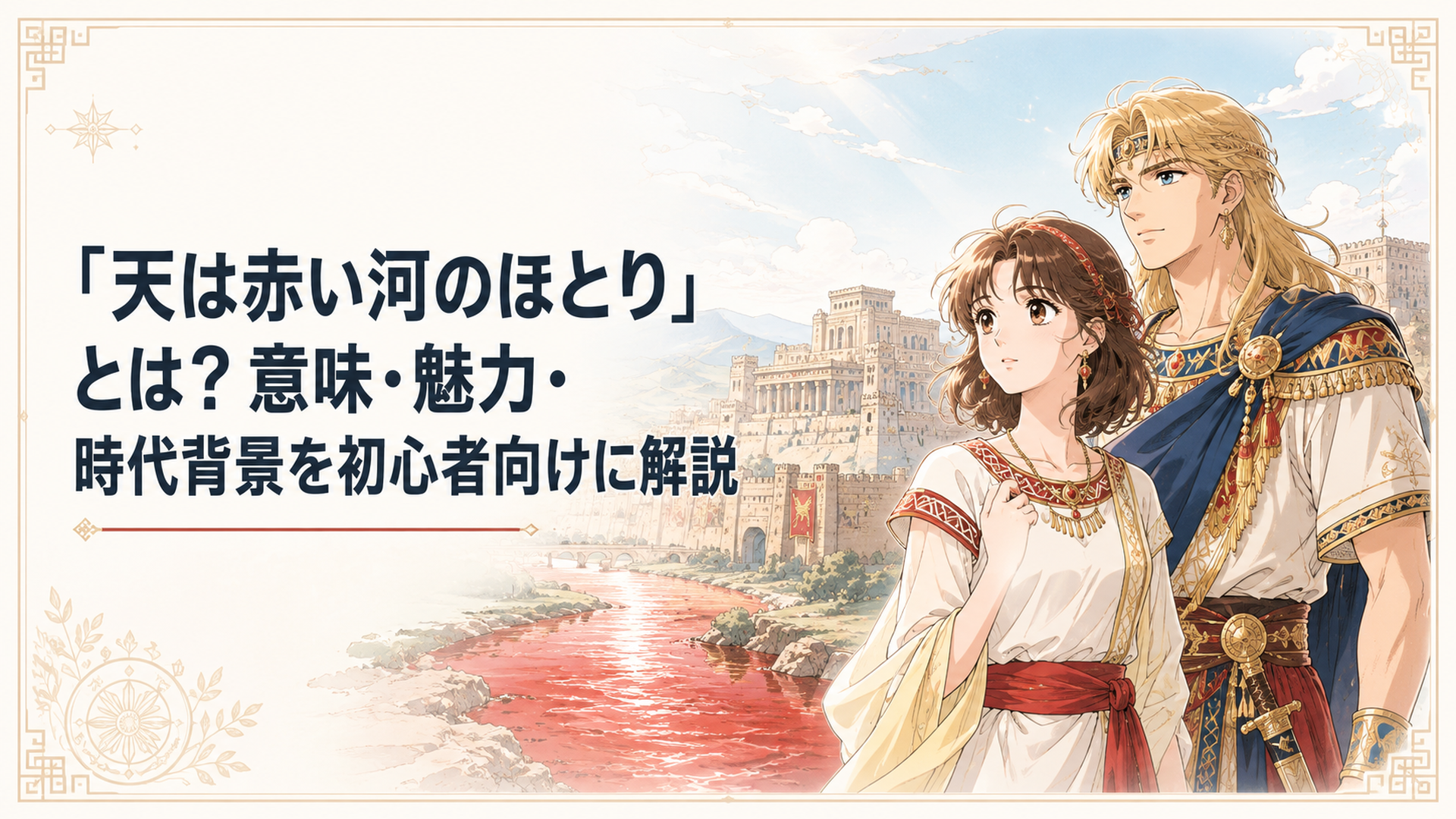 古代ヒッタイトの都と赤い河を背に並ぶユーリとカイル