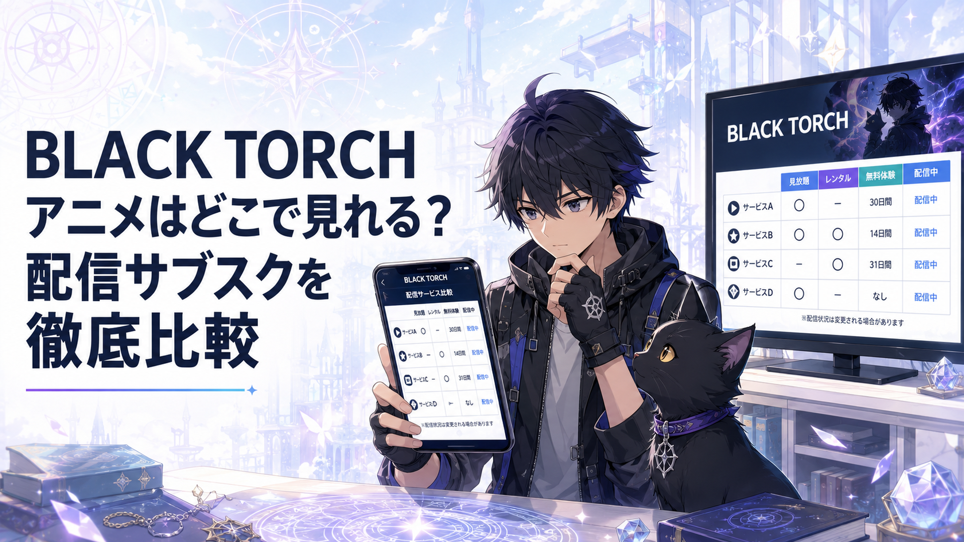 スマートフォンとテレビに表示されたBLACK TORCHの配信サービスを我妻弐郎と黒猫の羅睺が比較する場面