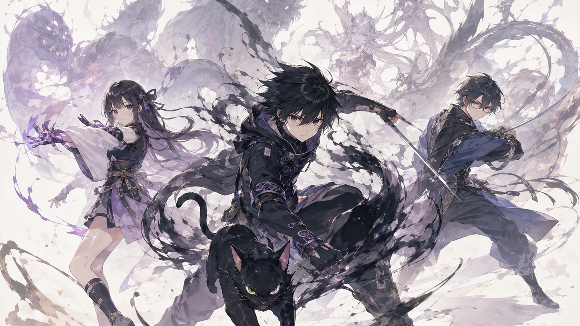 黒猫の羅睺を肩に乗せた我妻弐郎と黒の灯火の主要メンバーが並ぶ忍バトルの集合シーン