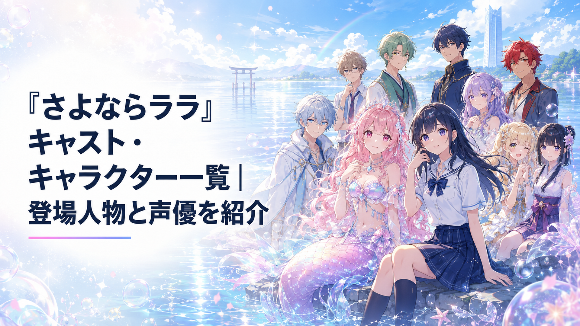 琵琶湖を背景にララと茉里を中心として主要キャラクター10人が並ぶ幻想的な集合シーン
