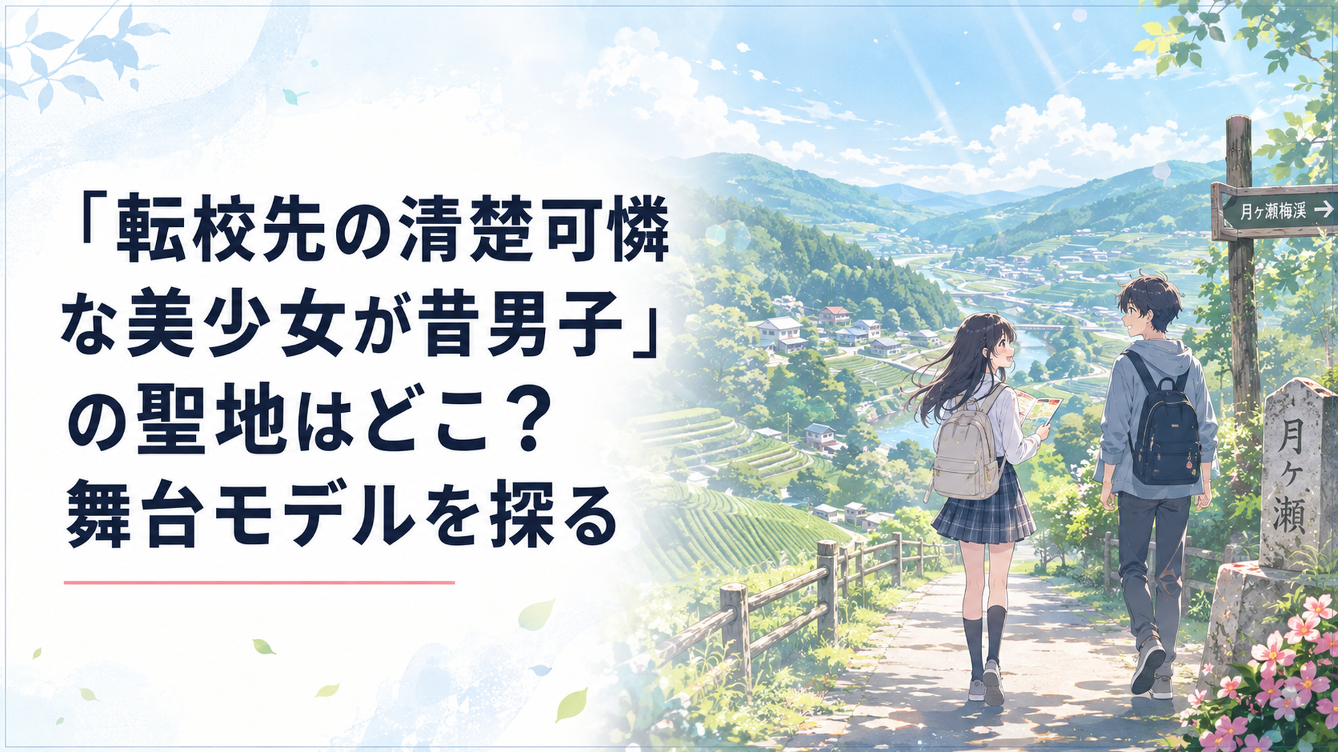 奈良県奈良市月ヶ瀬の山里と豊かな緑を背景に、アニメの舞台モデルを探して歩く爽やかな聖地巡礼風景