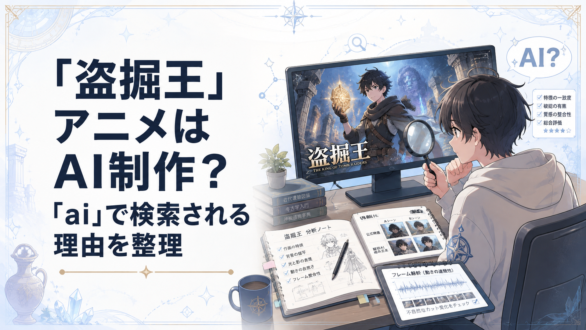 アニメ『盗掘王』の映像を見ながら生成AI制作なのか作画を検証するファンのイメージ