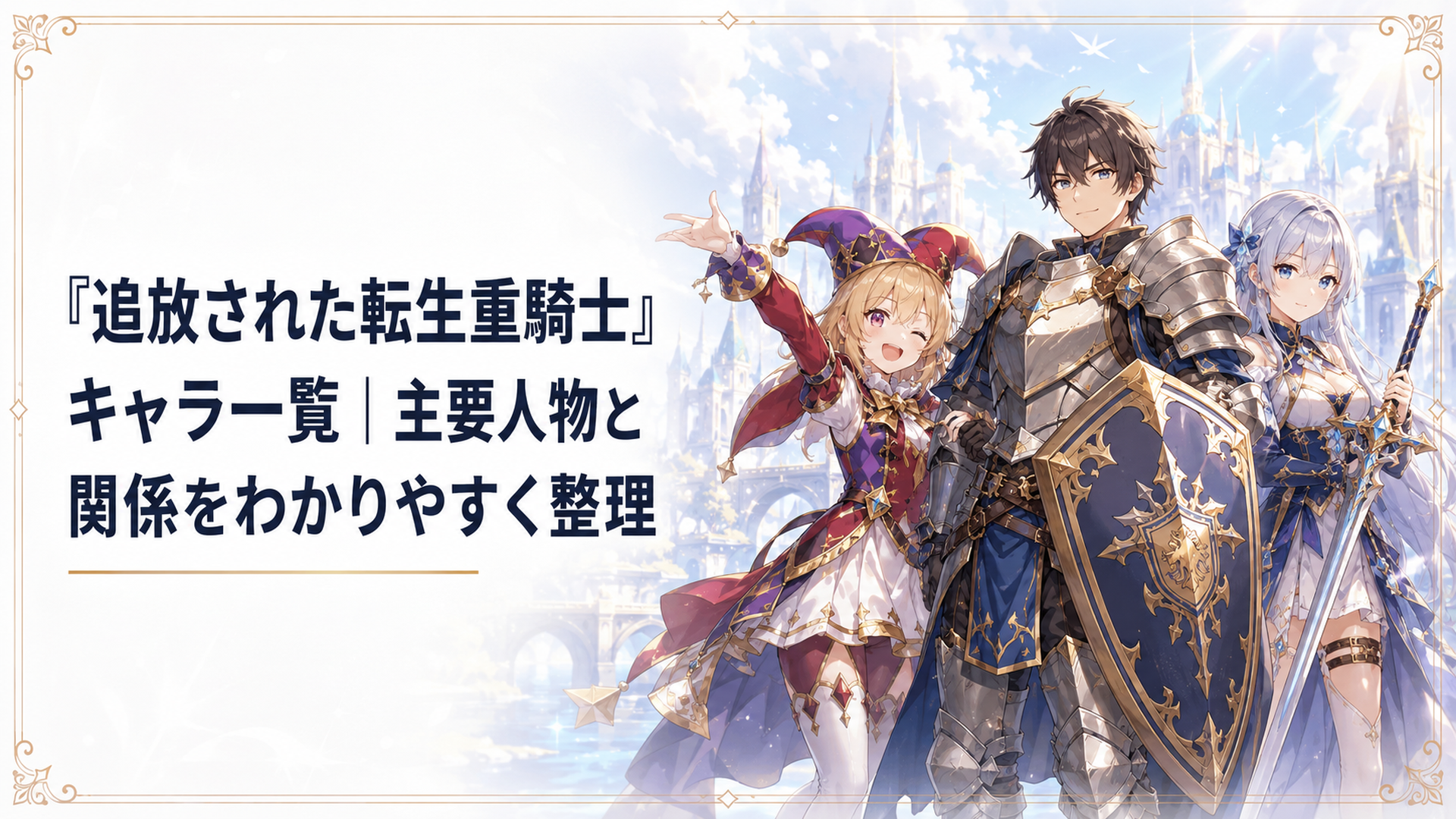 重騎士エルマと道化師ルーチェ、剣聖マリスの立場と関係性がひと目で伝わるファンタジーアニメ風集合シーン