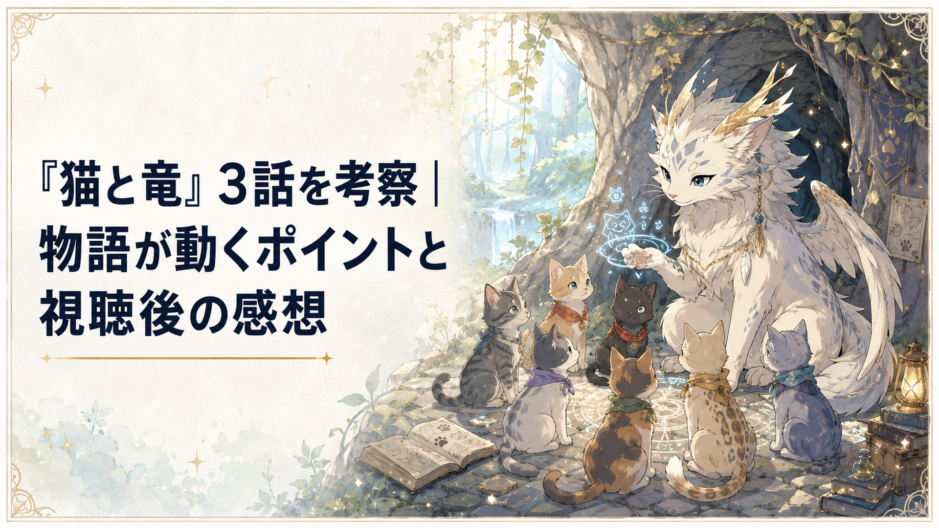 森の洞窟で7匹の子猫に囲まれ狩りや魔法を教える猫竜「羽のおじちゃん」と成長した子猫たち