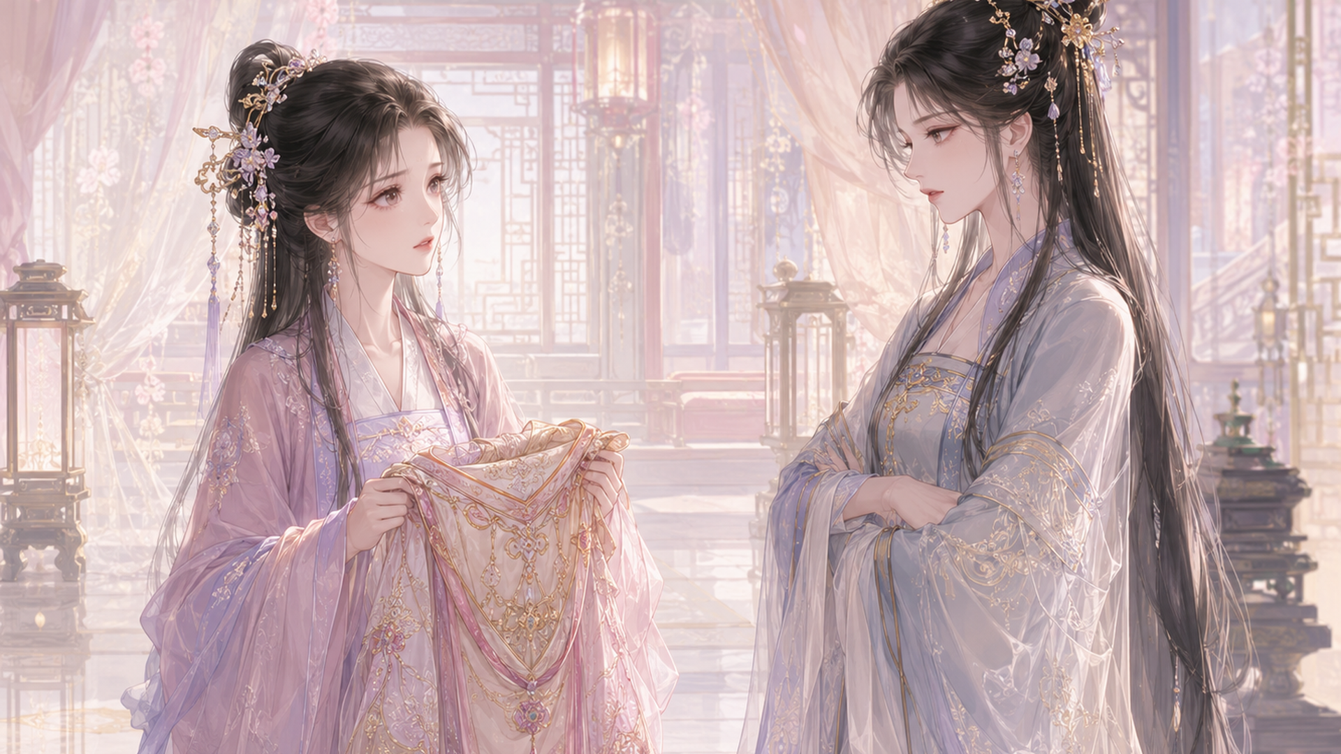 黒美女子学院の優雅な校舎を背景に、深月綾と夜絵美緒が格闘ゲームの対戦画面を挟んで向き合うシーン