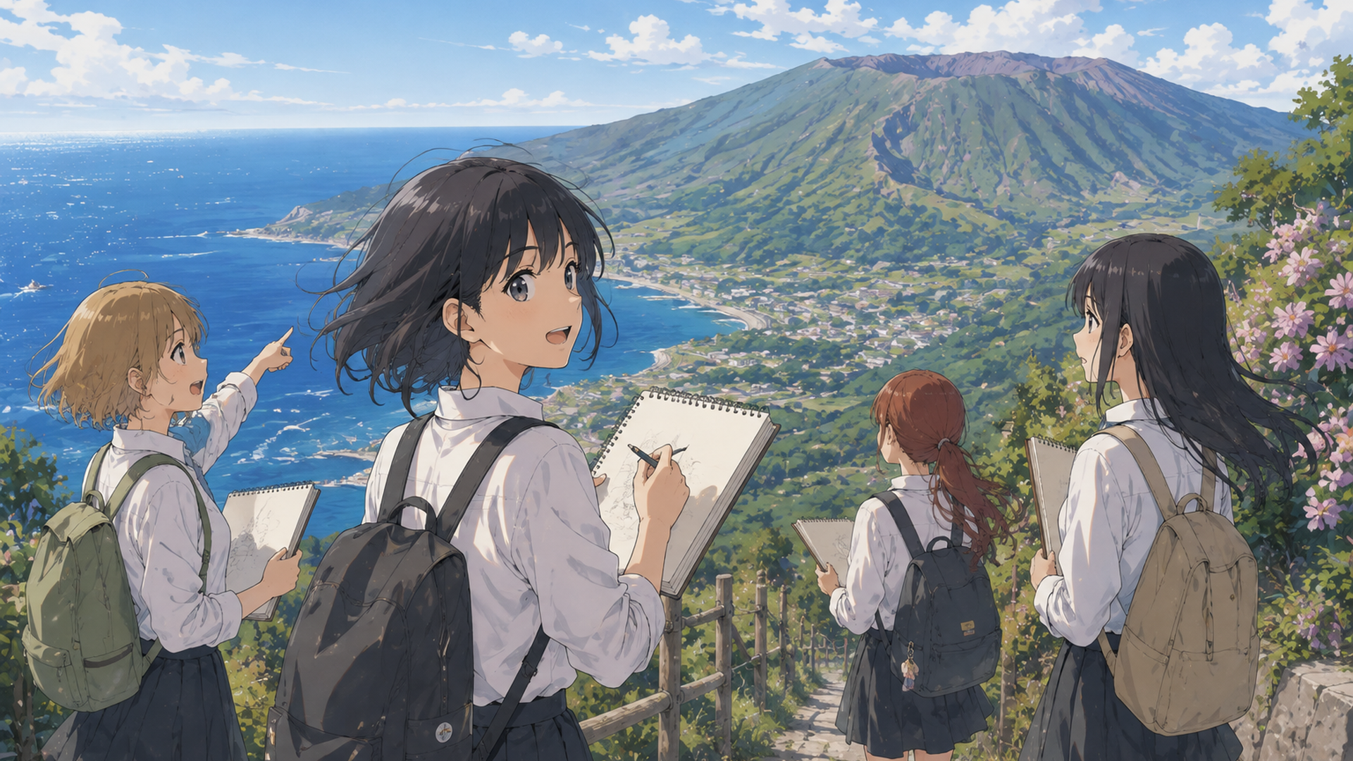 伊豆王島を背景に安海相・寺村七・ルゥ・ガルゥが並ぶ漫画創作青春アニメ風景