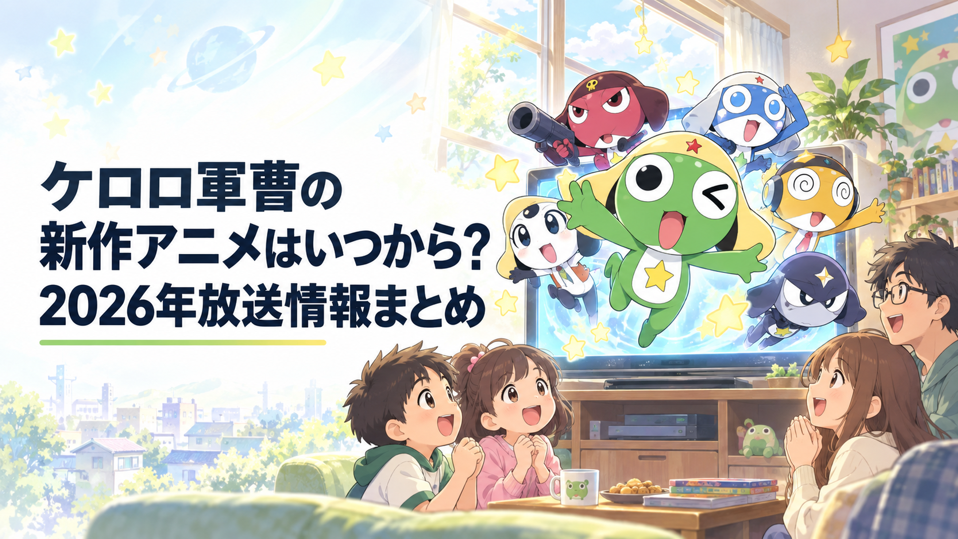土曜朝のテレビから飛び出す新しいケロロ小隊を子どもと旧作ファンが迎える場面