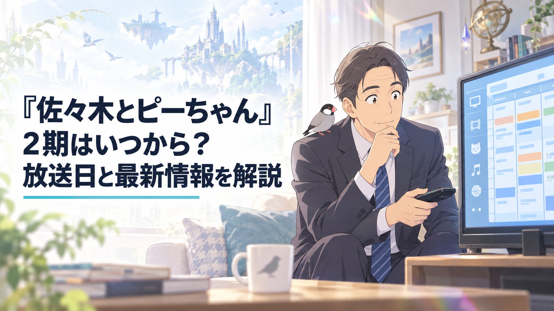 テレビの番組表でSeason2の放送日時を確認する佐々木と肩に乗ったピーちゃん