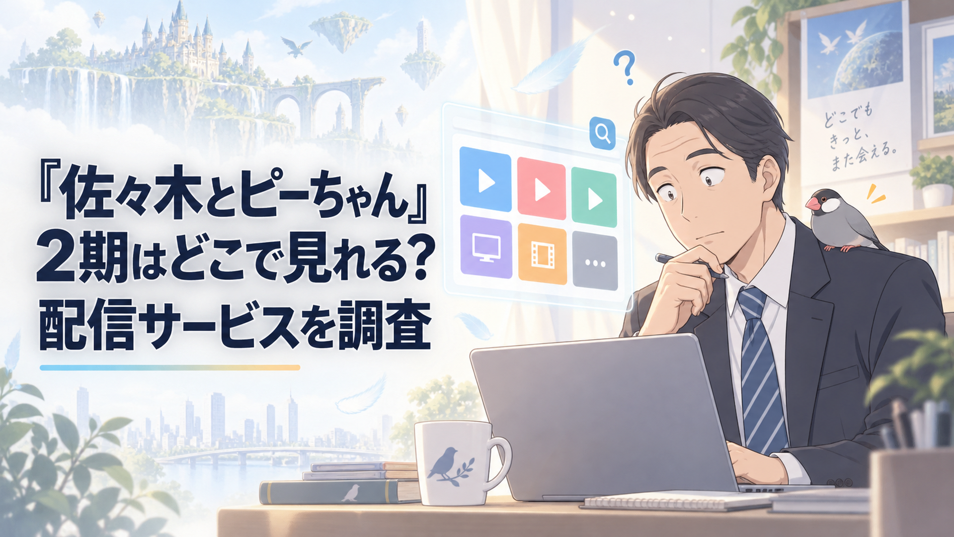 動画配信サービスの一覧を前にSeason2の視聴方法を調べる佐々木と文鳥のピーちゃん