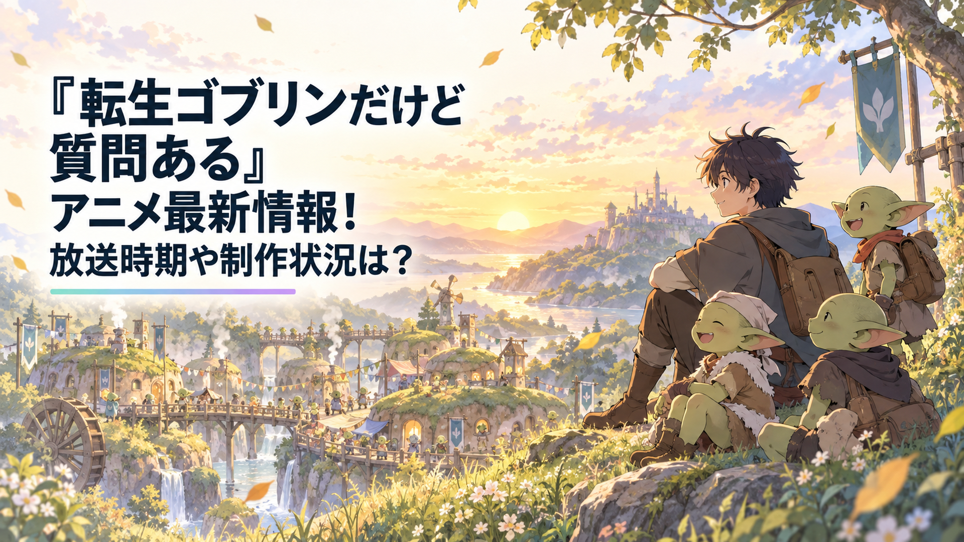 アキラと仲間たちが夕暮れのゴブリン村を見渡す2026年秋アニメのメインビジュアル風景