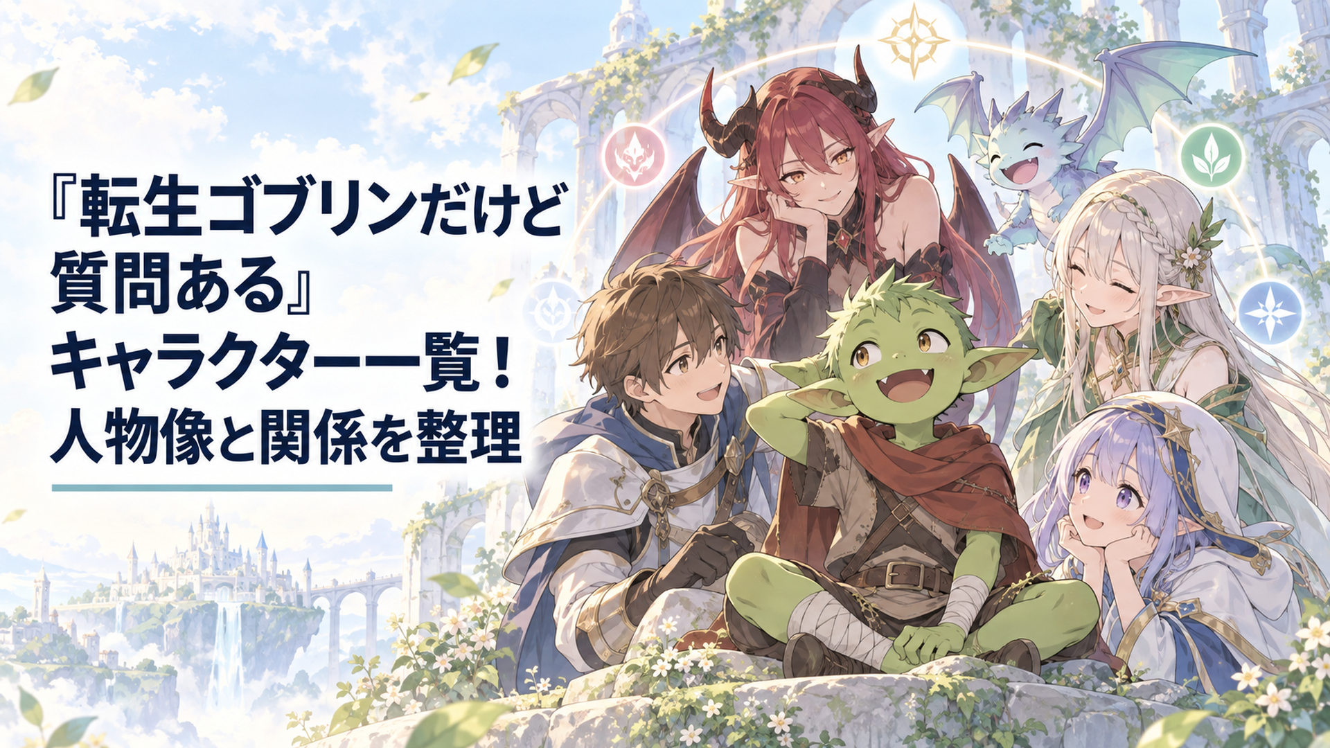 ゴブリンのアキラを中心に人間や魔族やエルフやドラゴンが集まるキャラクター相関イメージ