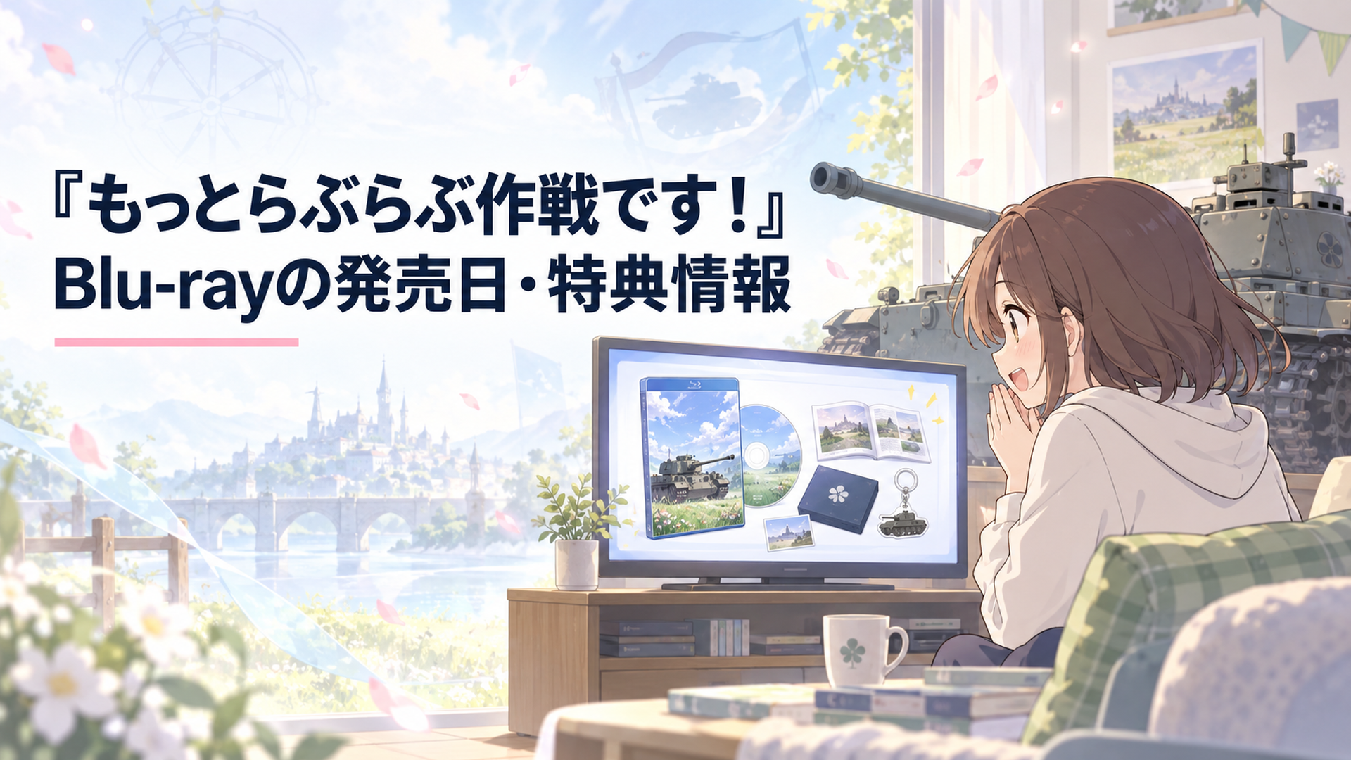 戦車とテレビ画面の前でBlu-ray発売日と特典の公式発表を確認するガルパンファン