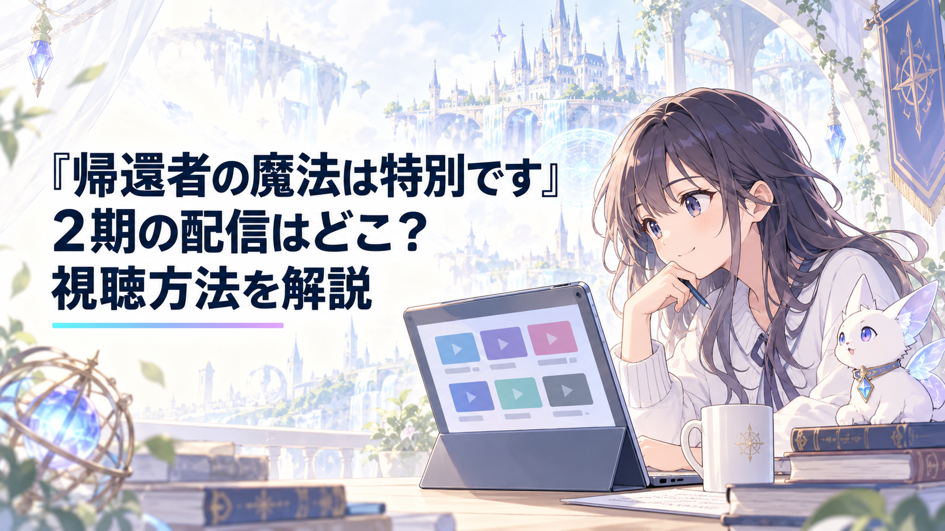 動画配信サービスの一覧を見ながら『帰還者の魔法は特別です』第2期の視聴先を比較するアニメファン