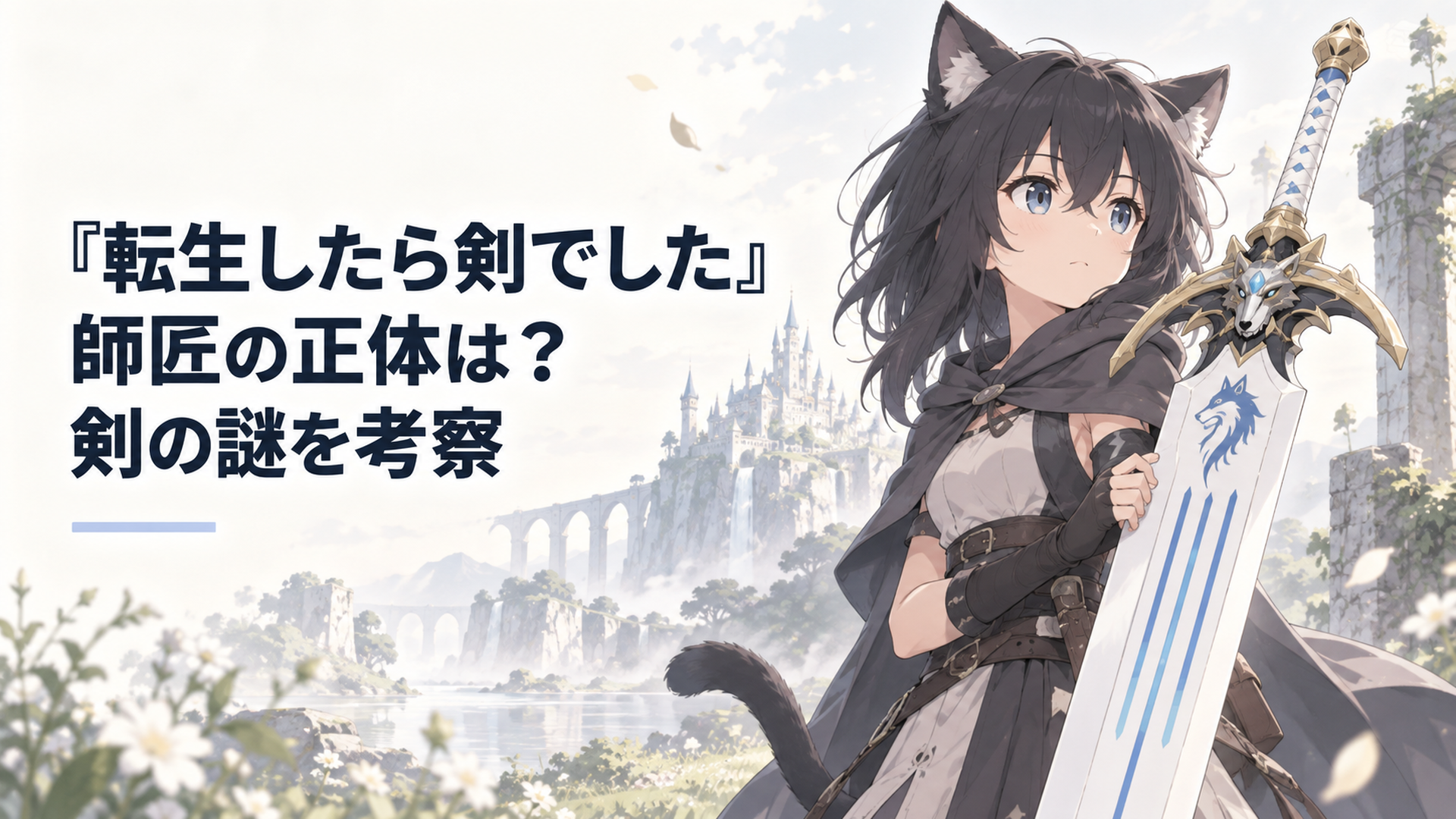 白い刀身に青い三本線と狼の紋章を持つ師匠を、黒猫族の少女フランが構える場面