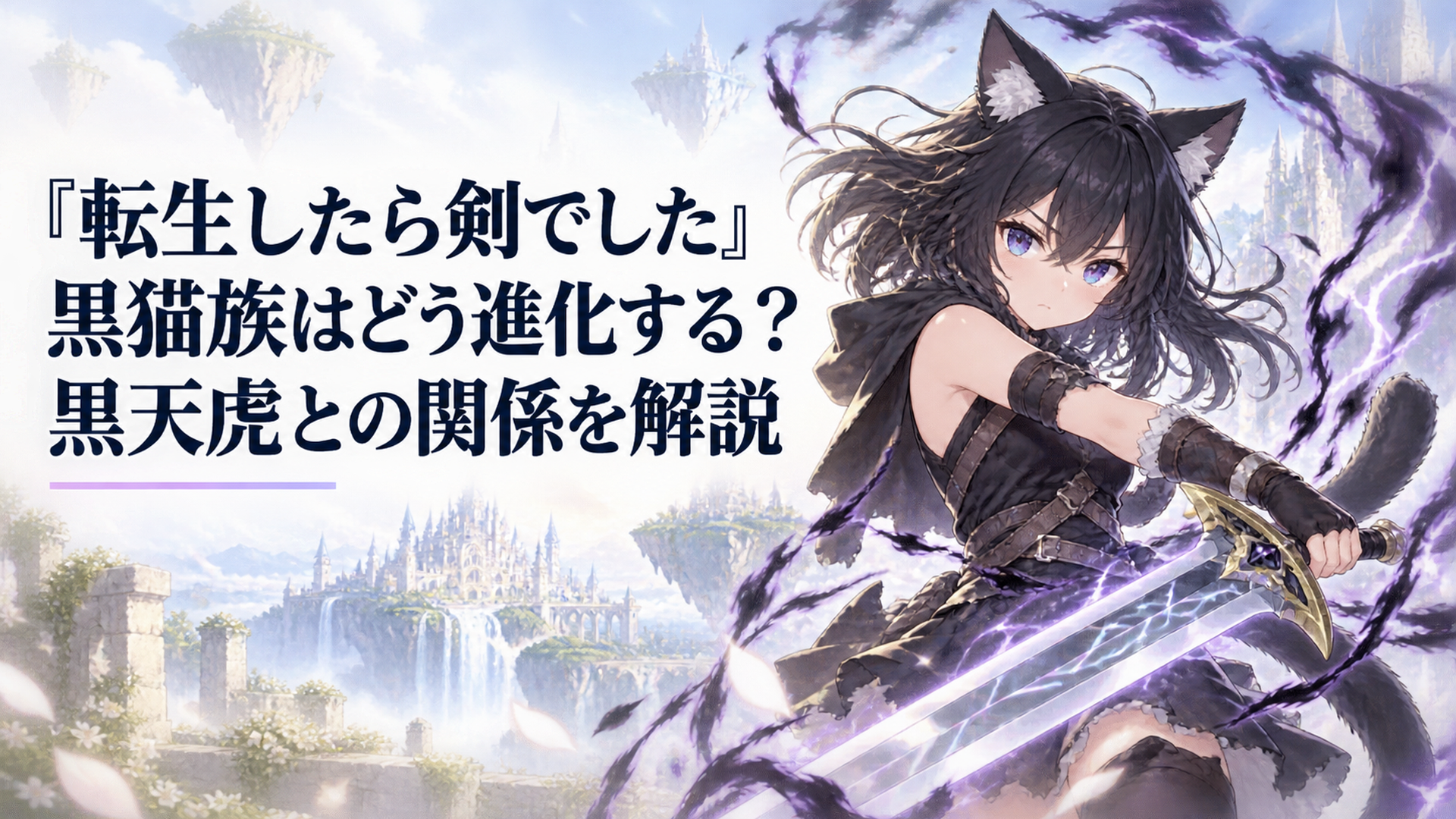 剣を携えた黒猫族の少女フランの周囲に黒い雷が走り、進化の瞬間を思わせる場面