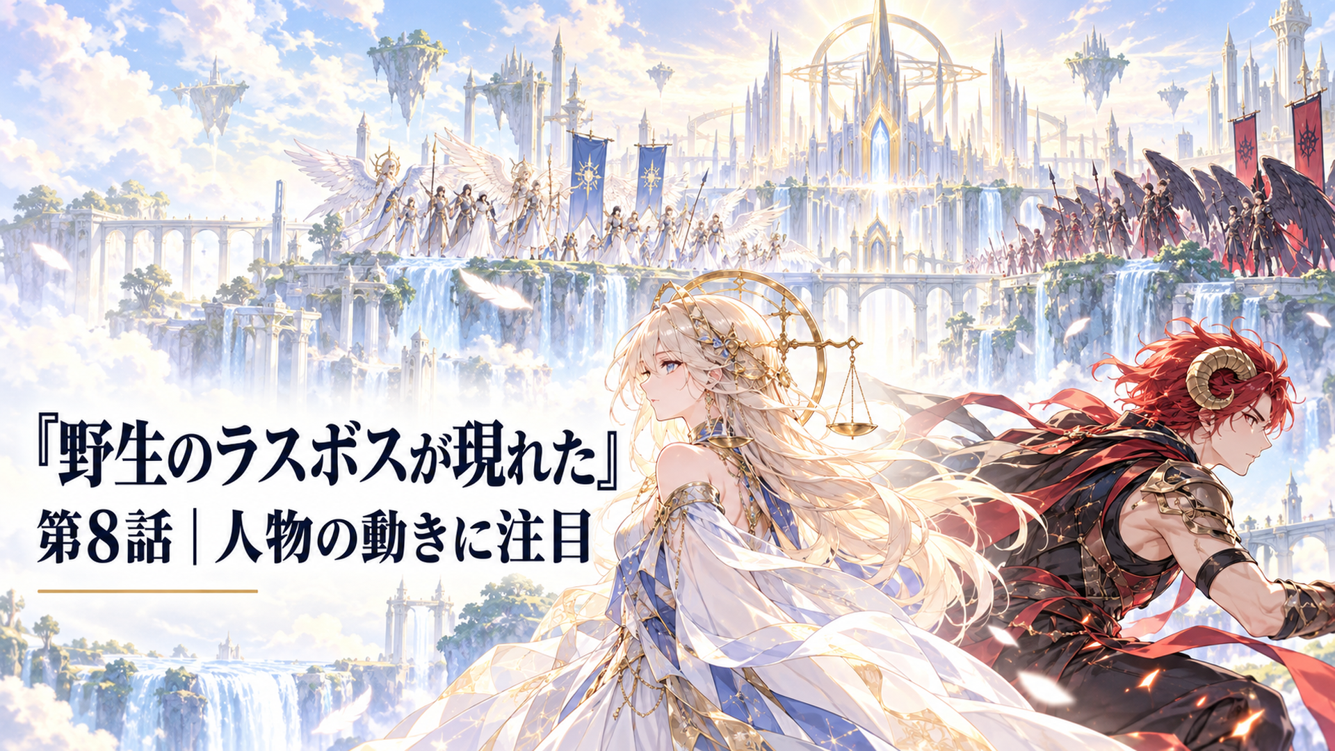翼を持つ人々が対立するギャラルホルンを背景に、別々の方向へ進むリーブラとアリエス