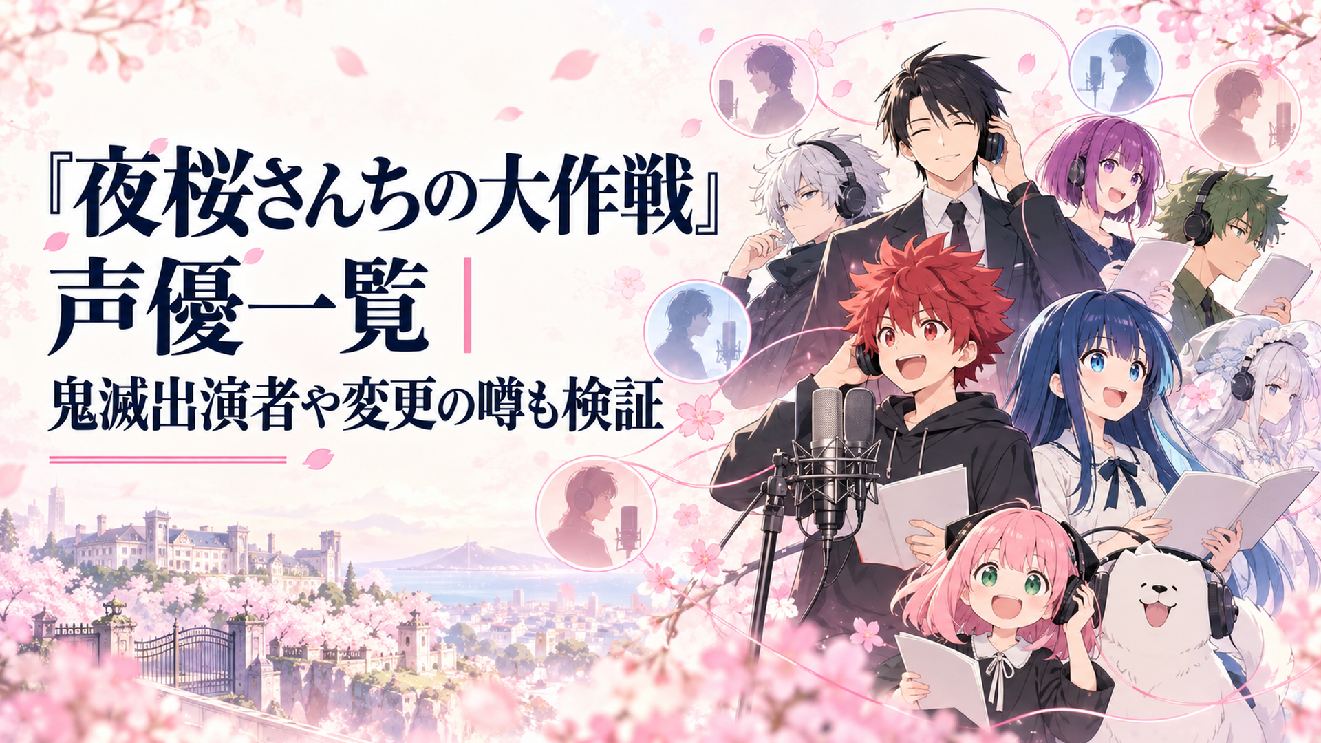 明るい桜色の背景にスパイ一家と録音マイクが並び、登場人物と担当声優のつながりを表した爽やかなイメージ