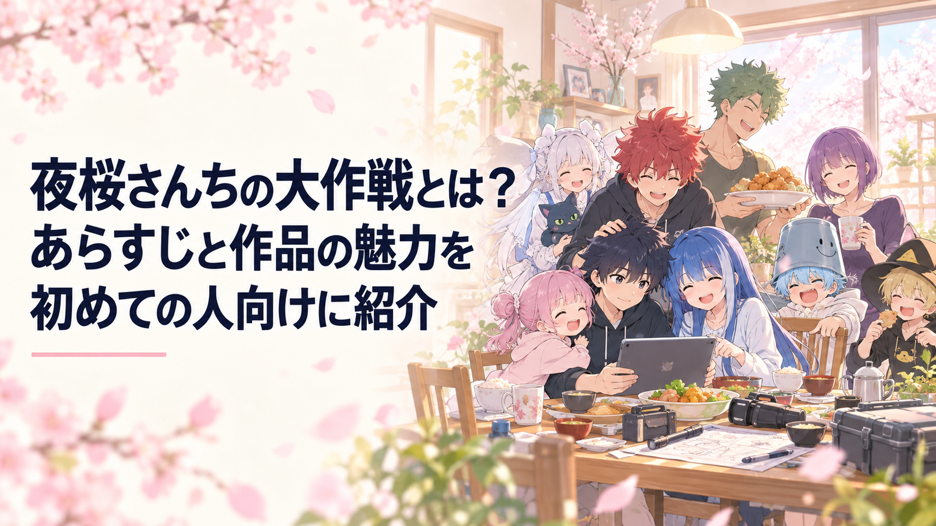淡い桜色の光に包まれた食卓に少年と幼なじみの少女、個性豊かな兄妹が集まり、情報端末や任務の道具が家族の日常に溶け込む場面