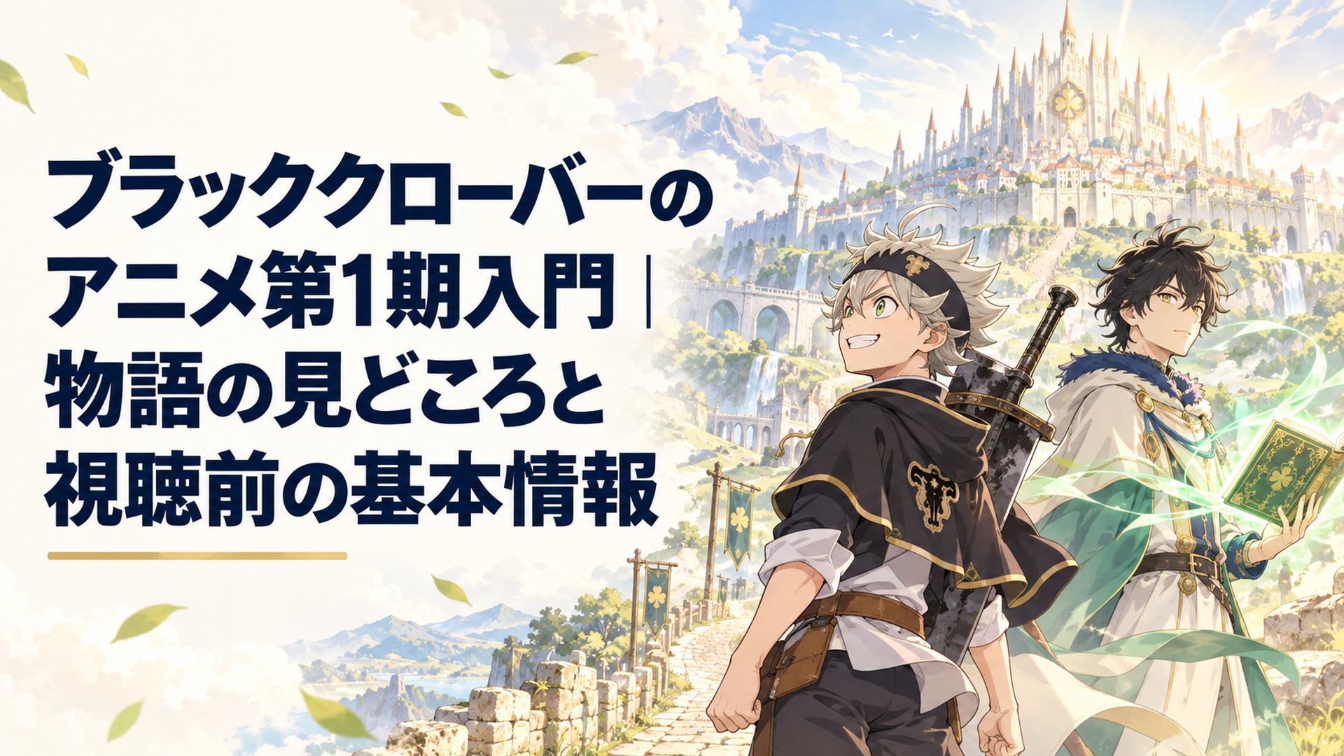 明るい魔法王国を背景に、剣を背負う少年と風の魔導書を持つ少年が立ち、長く続く冒険の道が城へ伸びる場面