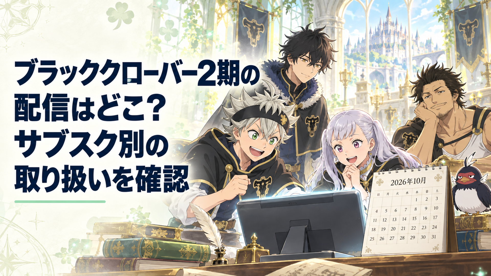 明るい魔法騎士団の部屋で剣を持つ少年と仲間が映像端末と2026年10月の配信カレンダーを囲む場面