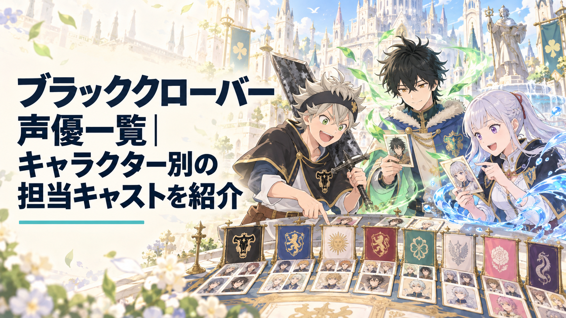 明るい魔法王国の広場で剣を持つ少年、風をまとう少年、水魔法の少女が並び、騎士団ごとの人物カードを見比べる場面
