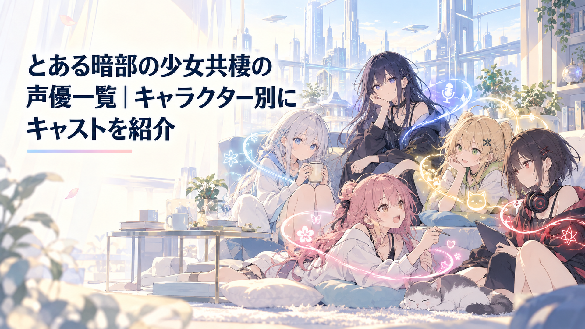 近未来都市の共有リビングに集まる五人の少女と、それぞれの個性を表す柔らかな声の光