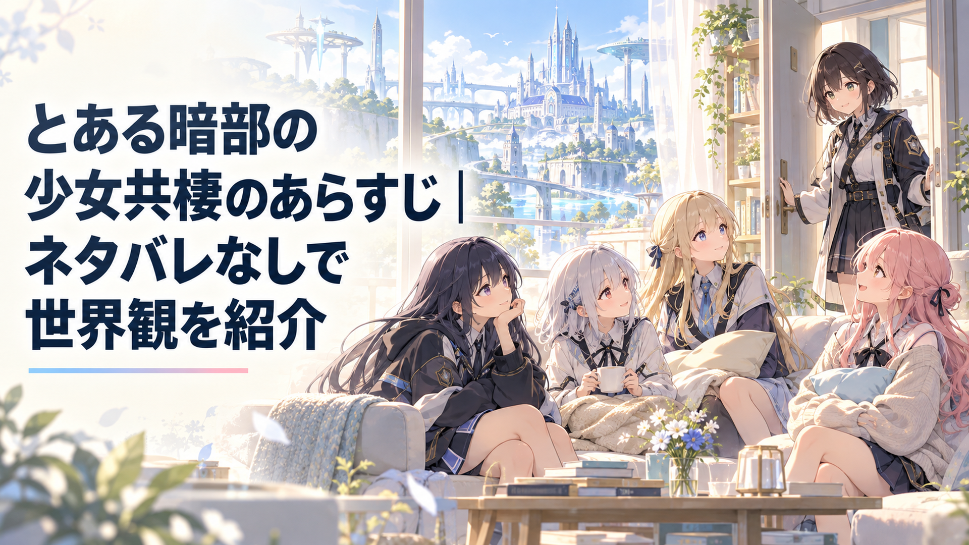 近未来の学園都市を背景に、明るい共有リビングにいる四人の少女と入口に立つ五人目の少女