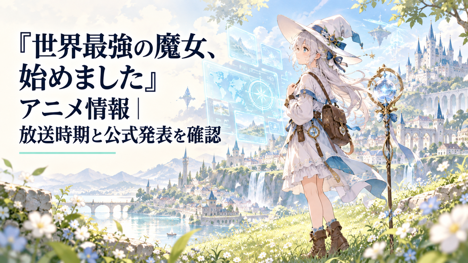 明るい草原に立つ旅装の少女ローナが光る攻略画面を見つめ、魔法の杖の向こうに幻想的な町並みが広がる風景