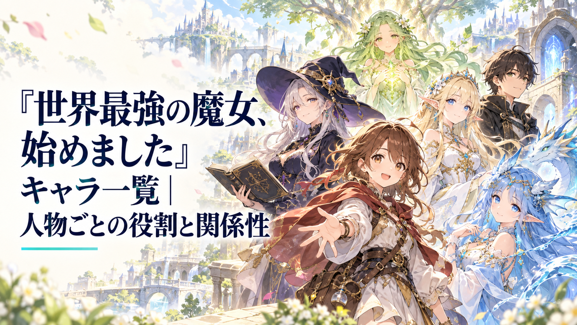 旅装の少女ローナを中心に、魔女のギルドマスター、エルフの姫、水竜族の姫、門番の青年、世界樹の精が並ぶ明るい異世界の風景