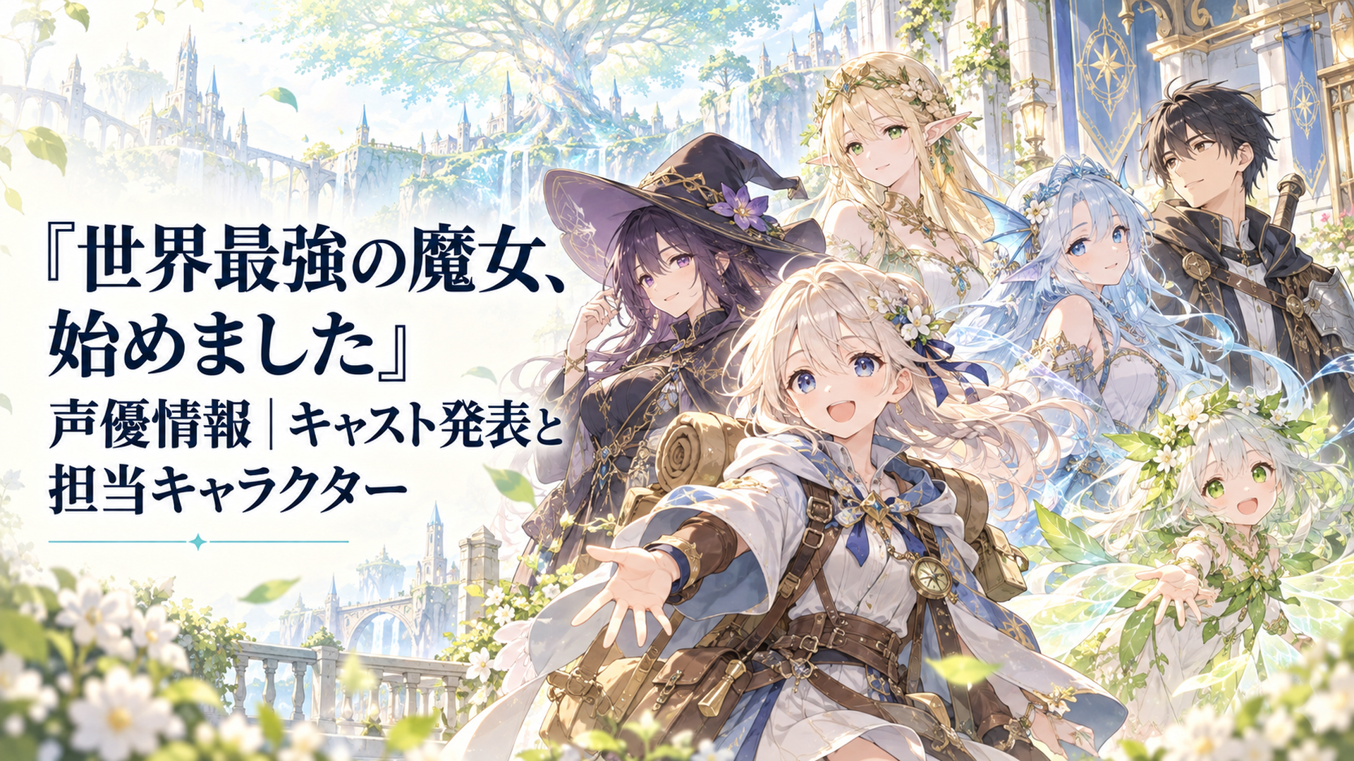 旅装の少女ローナを中心に、冒険者ギルドの魔女やエルフの姫、水竜族の姫、門番の青年、世界樹の精が集まる明るいファンタジーイラスト